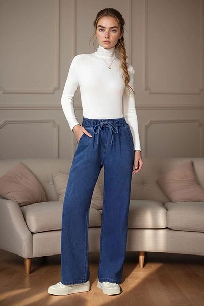 bacc Blugi albaștri, cu talie elastică, cu buzunare largi, lavabili, BCBSK-25700-KT-0088