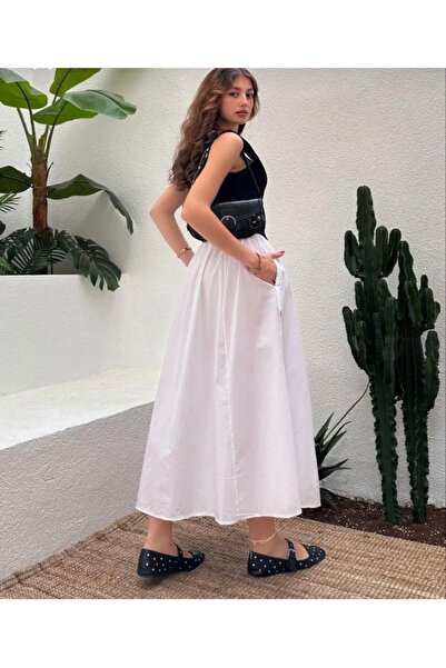 BZ BUTİK Long Skirt with Linen White Pockets