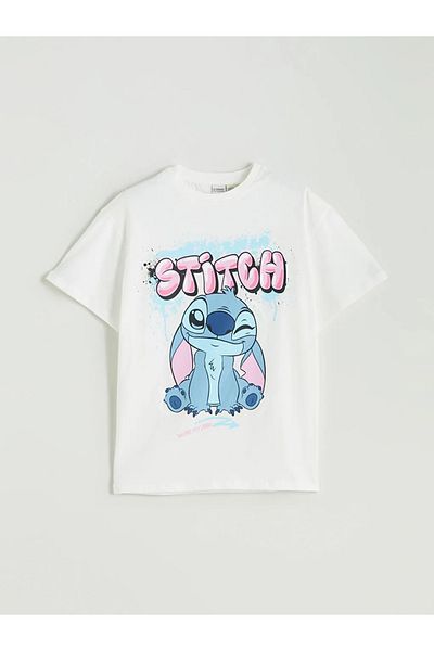 LC Waikiki Tricou pentru fete LCW Kids Ecru cu gât rotund, imprimat cu Stitch