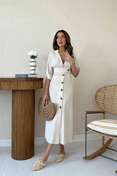 sharin Γυναικείο καλοκαιρινό μπεζ πουκάμισο με κουμπιά γιακά χαμηλού κοπής Midi μήκους λινό φόρεμα 11B-6722