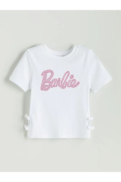 LC Waikiki Lcw Kids White Crew Neck Barbie Stone Printed Girl's T-Shirt