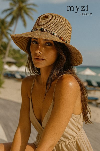 MYZİ STORE Дамска лятна сламена плажна шапка с широка периферия (с регулируем размер)