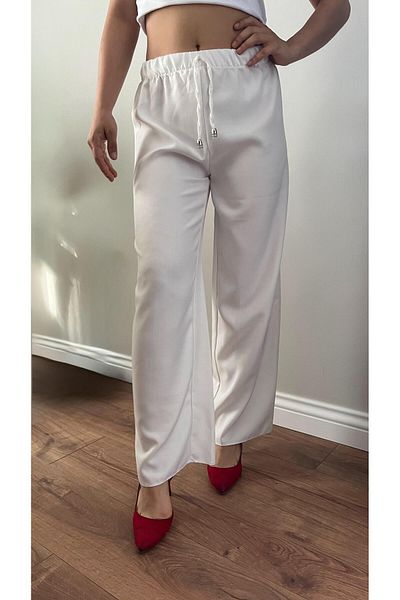 memetti m şekil Women's White Elastic Waist Soft Linen (Sofia) Wide Leg Palazzo Trousers