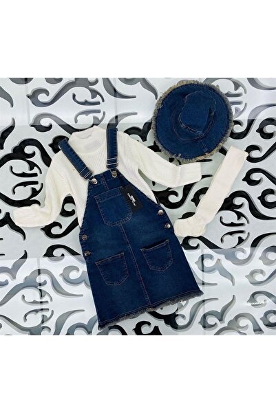 Marka Sensin Kids Girls' Jeans Salopet Half Turtleneck White Sweater Jeans Hat 4-Piece Set