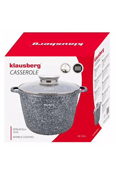 Klausberg Oală cu capac 28 cm, 10L – Klausberg KB 7526, antiaderentă, gri, înveliș din marmură, pentru toate plitele