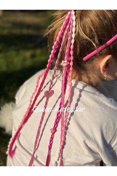 QUEEN AKSESUAR Colorful Princess Pink Fuchsia Colored Glitter Kuromi Heart Fancy Braid Hair Children's Rubber Buckle Hairpiece