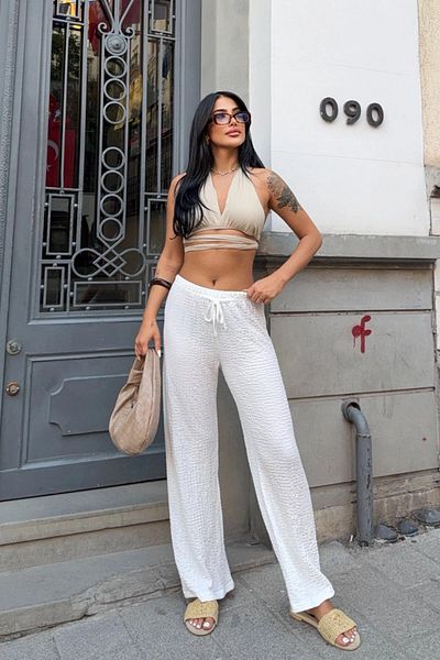 bacc White Elastic Waist Tie Wrap Comfortable Cut Lycra Trousers Bcbt-251011