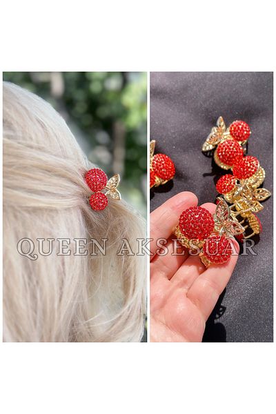 QUEEN AKSESUAR New Trend Luxury Metal Big Crystal Sparkling Red Stone Cherry Gold Leafed Clothespin Buckle