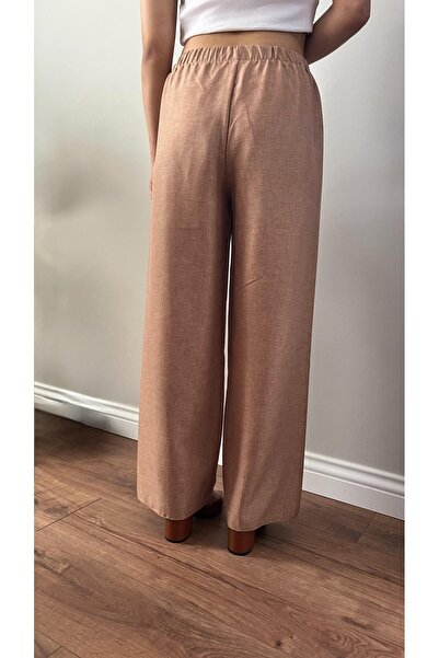 memetti m şekil Women's Tan Elastic Waist Soft Linen (Sofia) Wide Leg Palazzo Trousers