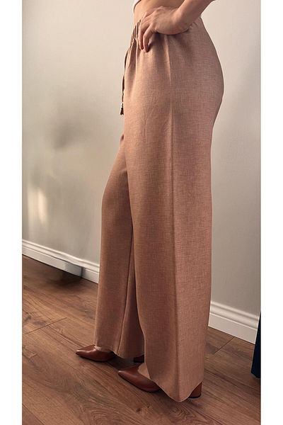 memetti m şekil Women's Tan Elastic Waist Soft Linen (Sofia) Wide Leg Palazzo Trousers