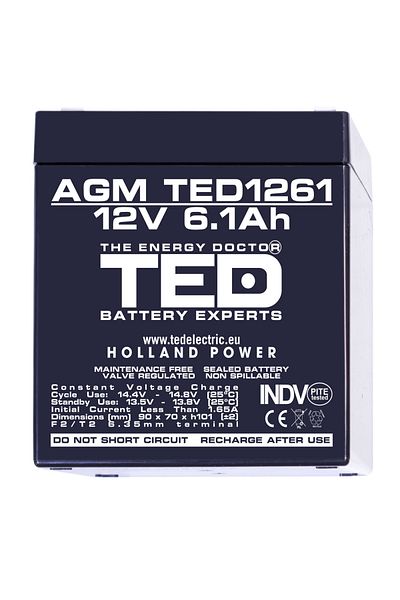 TED Electric Baterie Reincarcabila F2/T2 12V Stationara VRLA 6.1Ah AGM, Dimensiuni 90x70x98 mm, TED1261