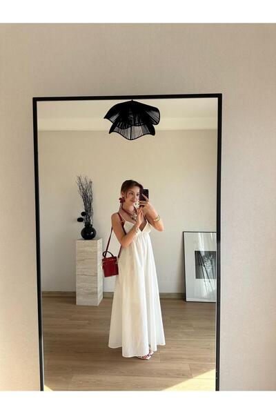 BAŞARAN Thin Strap V-Neck Long Dress Ecru