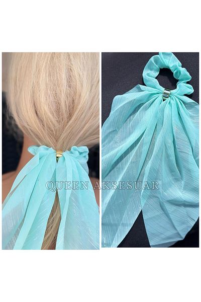 QUEEN AKSESUAR Luxury Design Luna Mint Turquoise Green Gold Brooch Silvery Chiffon Tulle Long Scarf Elastic Buckle
