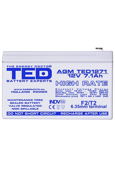 TED Electric Baterie Reincarcabila F2 12V High Rate VRLA 7.1Ah AGM, Dimensiuni 151x65x95 mm, TED Electric TED1271