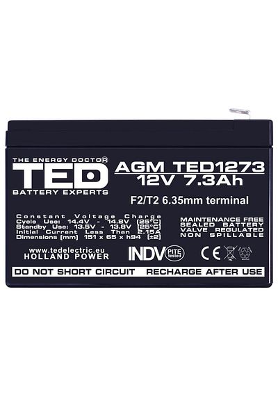 TED Electric Baterie Reincarcabila F2/T2 12V Stationara VRLA 7.3Ah AGM, Dimensiuni 151x65x94 mm, TED1273