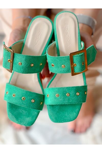 BERFONA Twee Green Suede Buckle Slippers