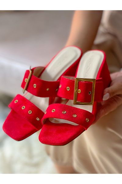 BERFONA Twee Red Suede Buckle Slippers