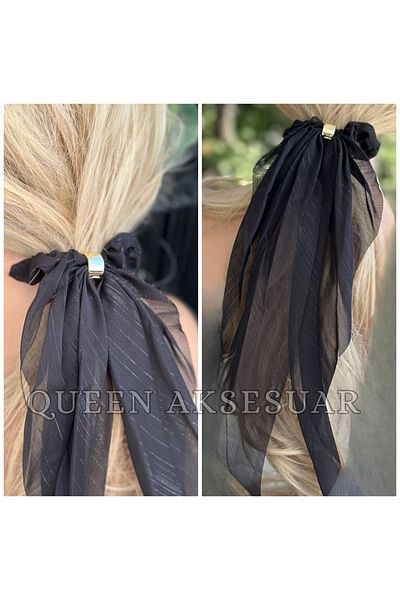 QUEEN AKSESUAR Luxury Design Luna Black Gold Brooch Silvery Chiffon Tulle Long Tail Scarf Elastic Buckle