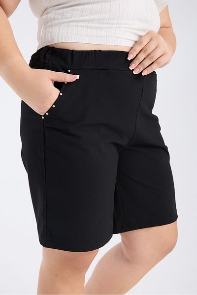 Gül Moda Black Pocket Stone Large Size Fabric Shorts G122-3