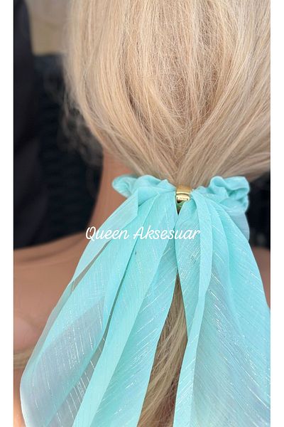 QUEEN AKSESUAR Luxury Design Luna Mint Turquoise Green Gold Brooch Silvery Chiffon Tulle Long Scarf Elastic Buckle