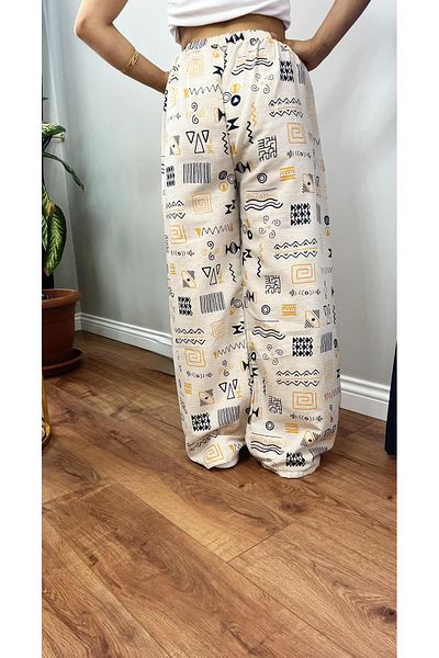 memetti m şekil Women's Tan Ethnic Pattern Linen Wide Leg Palazzo Pants