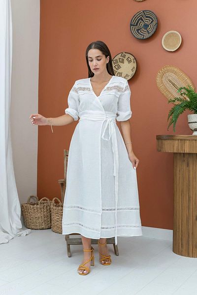 sharin Women's Summer Ecru Lace Detailed Double Breasted Collar Midi Length Linen Dress 10E-6988