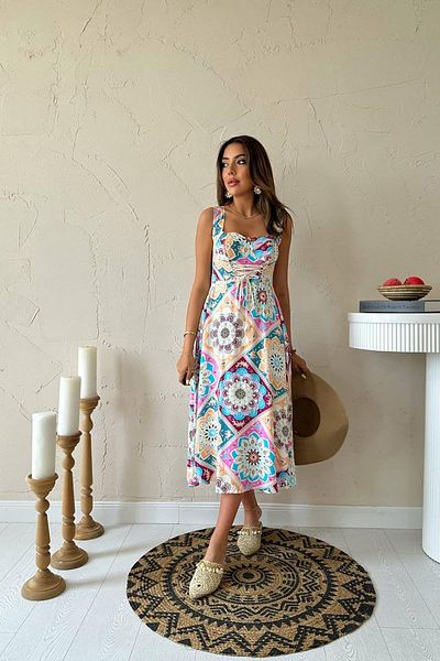 sharin Women's Summer Colorful Heart Collar Lace Detailed Patterned Midi Length Dress 10E-6931