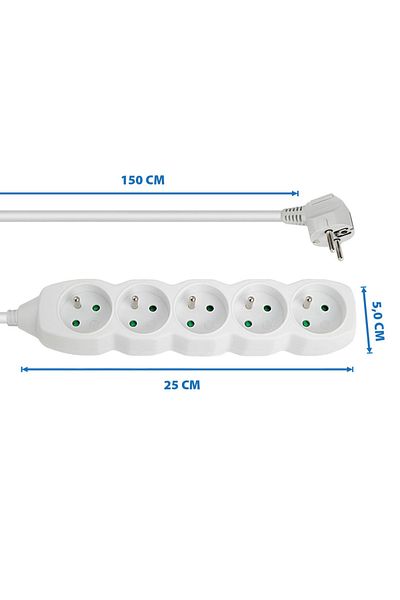 ESPERANZA Prelungitor cu 5 prize si cablu cu lungime de 1.5m, 250V, 16A, sarcina maxima 3680W, ES-96166, alb