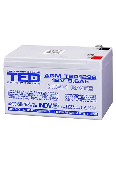 TED Electric Baterie Reincarcabila F2 12V High Rate VRLA 9.6Ah AGM, Dimensiuni 151x65x95 mm, TED Electric TED1296