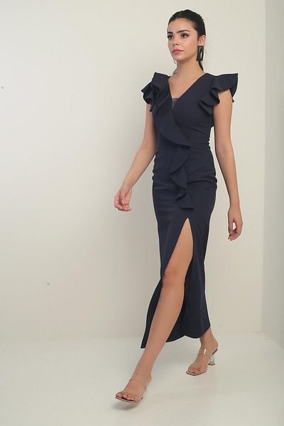 By Saygı Rochie lungă de damă, cu umăr, brodată, căptușită, cu fantă în față