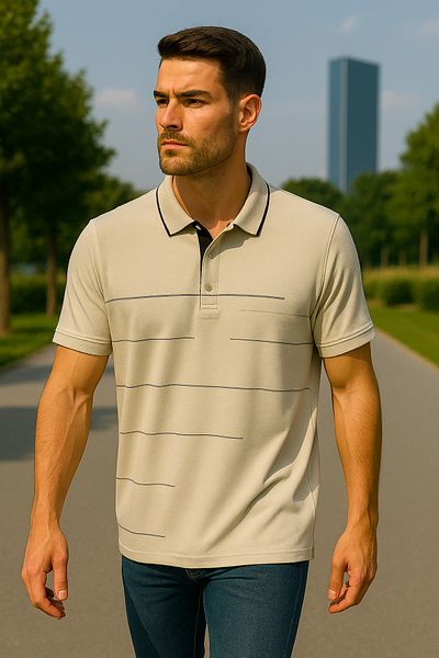 Maccali Men's Striped Cotton Stone Polo Neck Basic T-Shirt