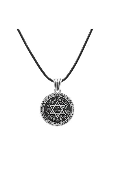 Tesbihane Üzerine Süleyman Mührü İşlemeli İp Zincirli 925 Ayar Gümüş Madalyon