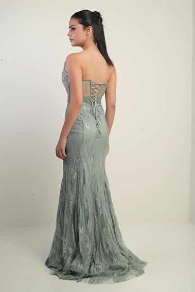 By Saygı Women's Bead-Stone Detailed Lined Underwire See-Through Long Dress