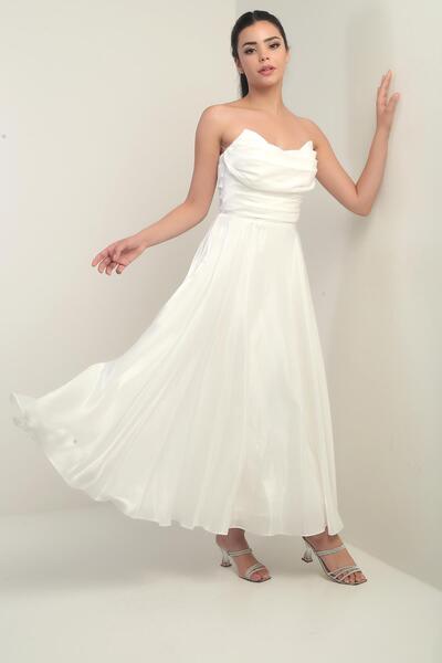 By Saygı Γυναικείο Degaje Στράπλες Γιακά Φόδρα Οργάντζα Σατέν Μίντι Φόρεμα