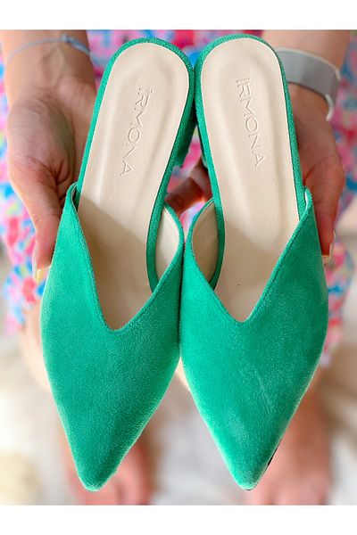 BERFONA Oasis Green Suede 5 cm Heel Slippers