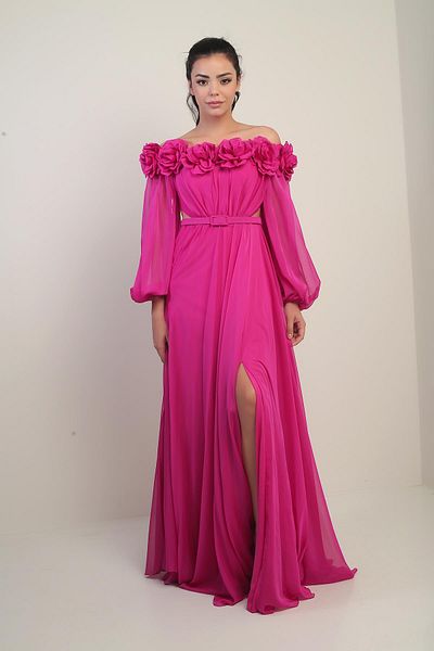 By Saygı Women's Floral Madonna Collar Belted Lined Chiffon Long Dress