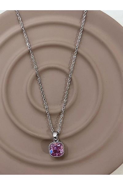 FM Silver Color Elegant Square Purple Zircon Stone Shiny Vintage Elegance 316L Steel Necklace