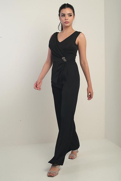 By Saygı Women's Front Back V Neck Top Vest Look Wide Leg Jumpsuit