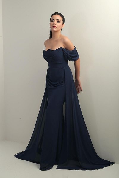 By Saygı Women's Low Sleeve Underwire Lined Cape Chiffon Long Dress