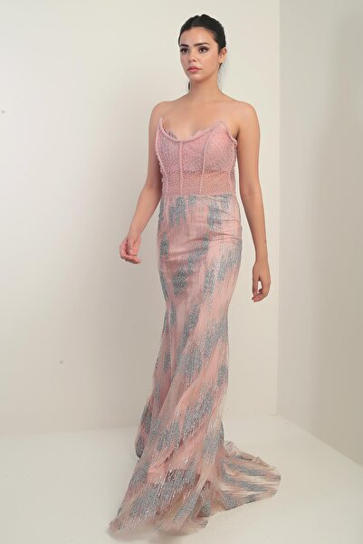 By Saygı Women's Bead-Stone Detailed Lined Underwire See-Through Long Dress