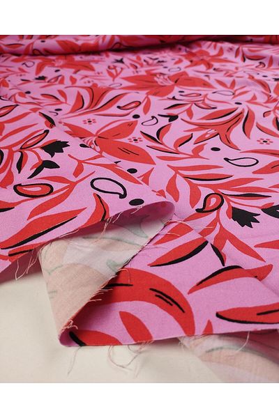 Kumaş Parça Pink Red Black Floral Stretch Cotton (Width 140 cm X Length 240 cm)