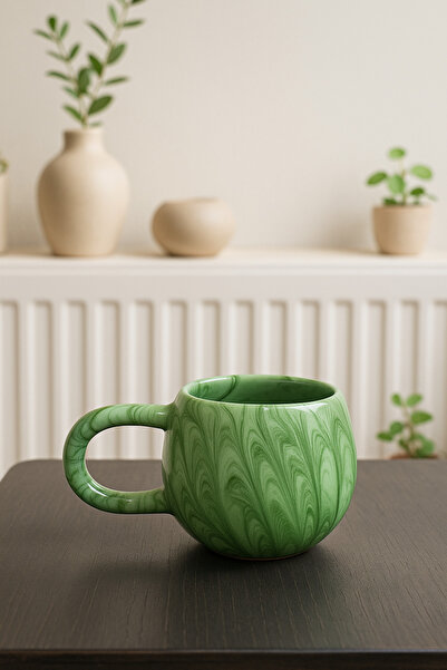 SırART U Kulp YEŞİL EBRULİ DESENLİ EL İŞLEMELİ EL YAPIMI SERAMİK KUPA