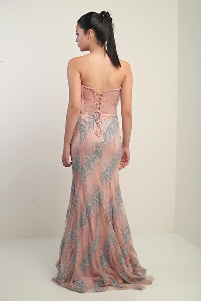 By Saygı Women's Bead-Stone Detailed Lined Underwire See-Through Long Dress