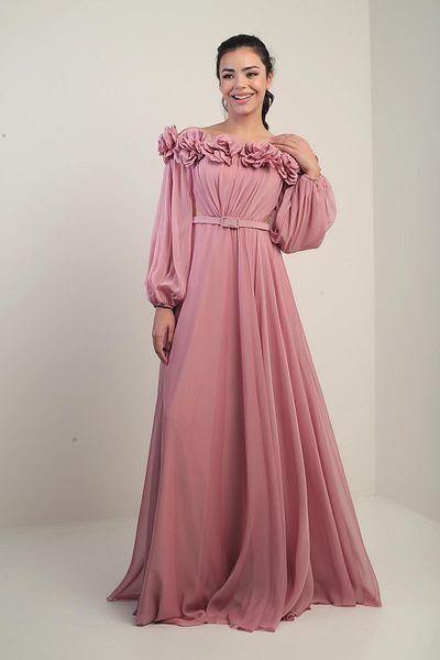 By Saygı Women's Floral Madonna Collar Belted Lined Chiffon Long Dress