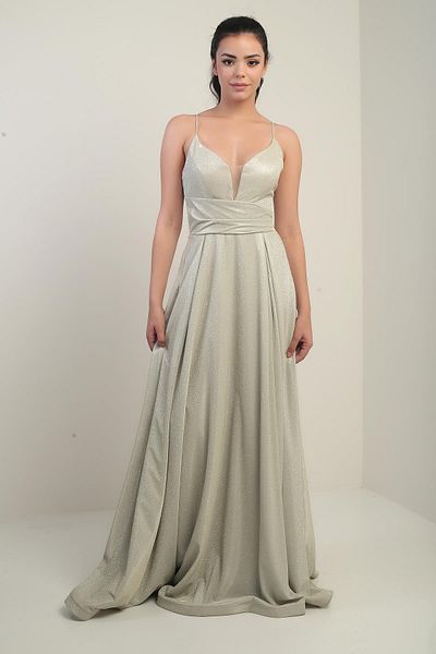 By Saygı Lined Glitter Long Evening Dress with Rope Straps