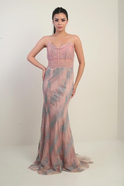 By Saygı Women's Bead-Stone Detailed Lined Underwire See-Through Long Dress