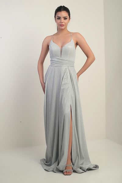 By Saygı Lined Glitter Long Evening Dress with Rope Straps