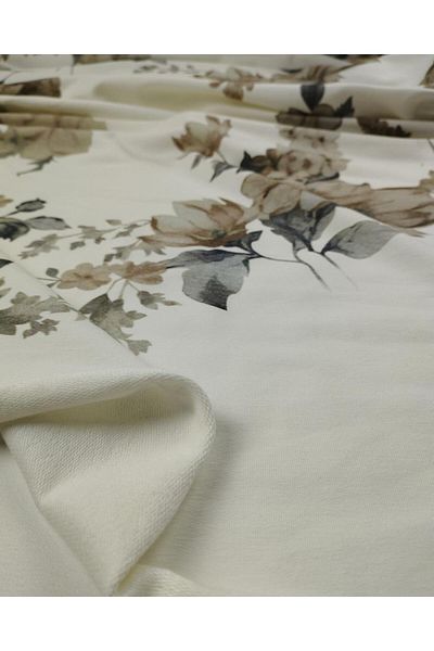 Kumaş Parça Ecru Two Thread Combed Cotton with Ashy Flowers (Width 160 cm X Length 100 cm)