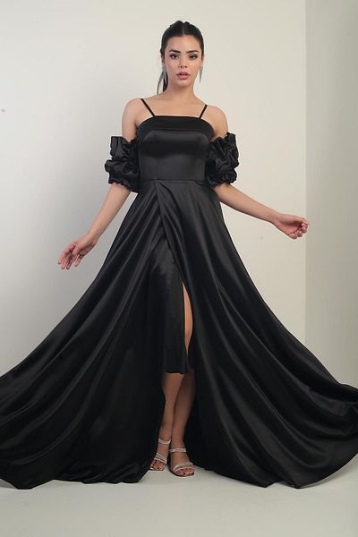 By Saygı Women's Thin Strap Lined Fake Sleeves Long Satin Dress with Pockets
