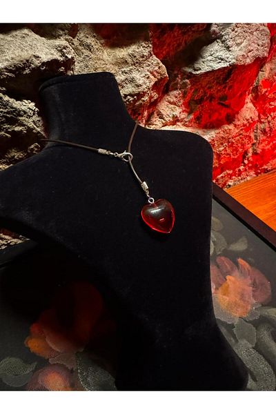 LAİKA Red Heart Detailed Real Leather Drawstring Y Necklace 60 cm